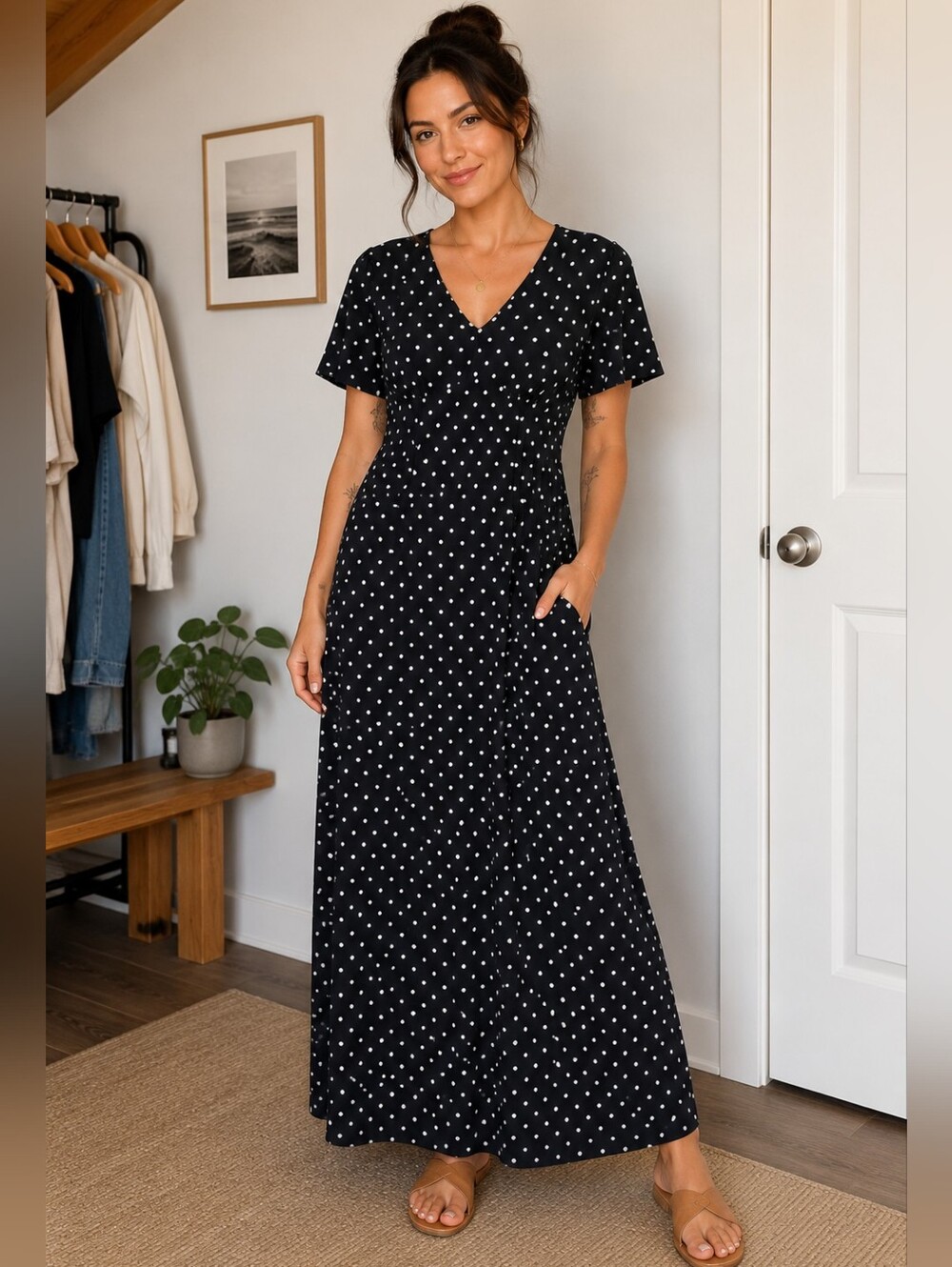 Black Polka Dot Maxi Dress with Tie-Back V-Neck